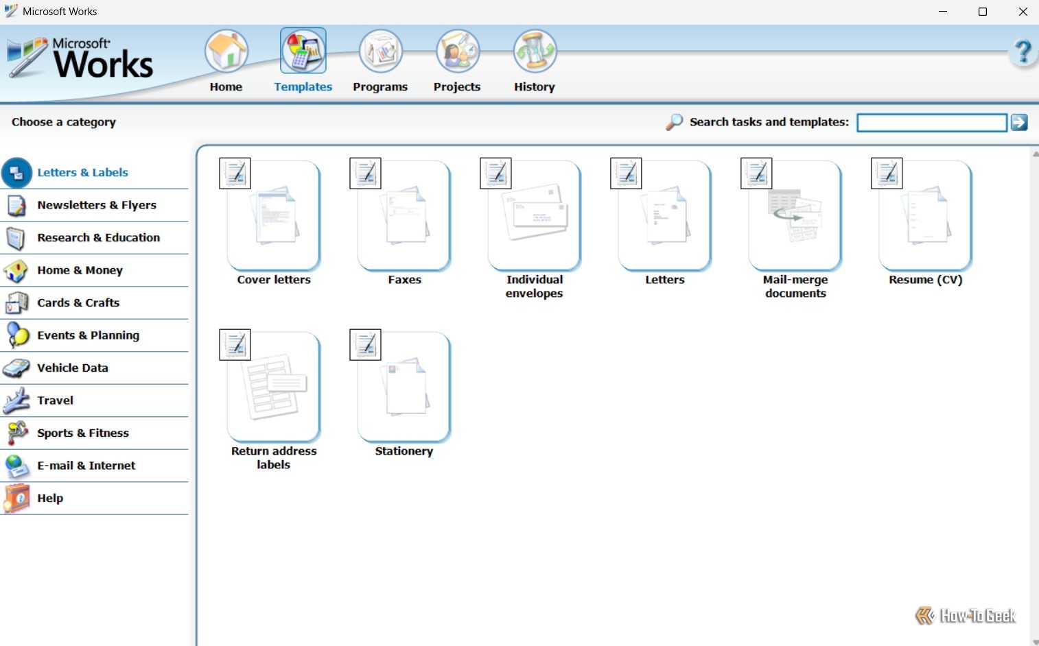 Templates tab in Microsoft Works.