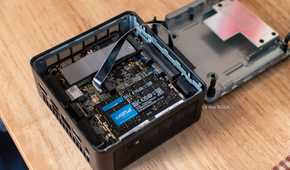 The Geekom IT15 opened to reveal its motherboard.