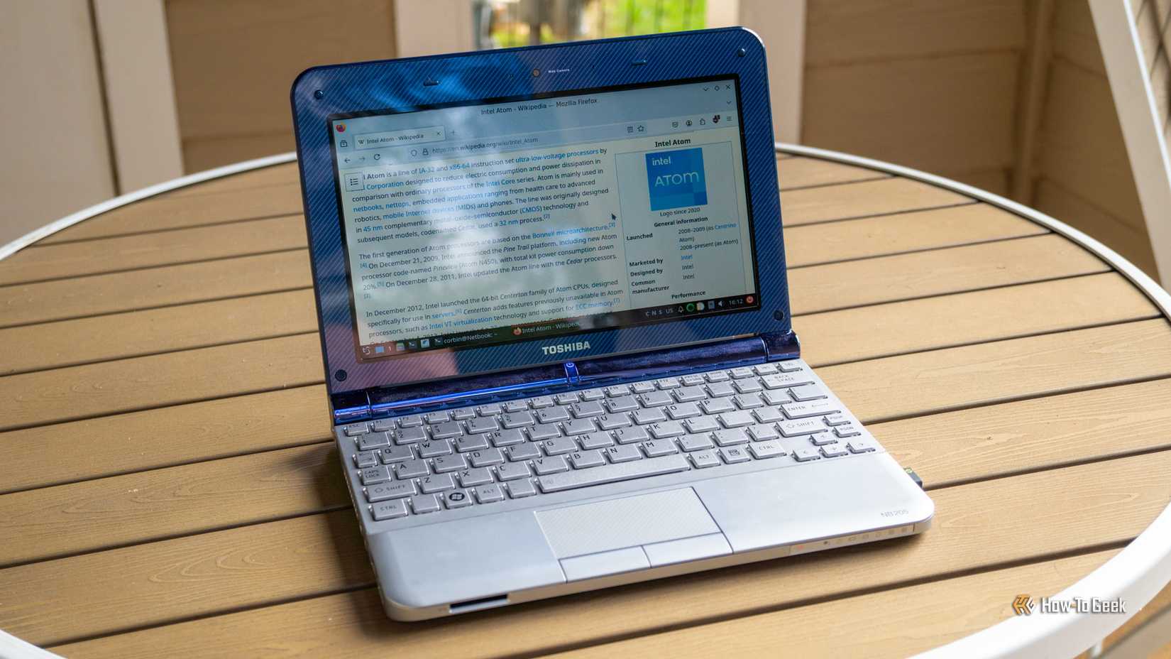 A Toshiba netbook with Wikipedia on the screen