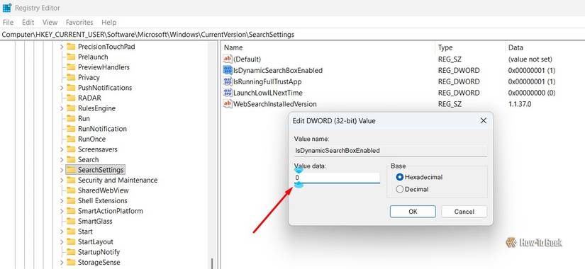Campo Dados do valor do valor IsDynamicSearchBoxEnabled.