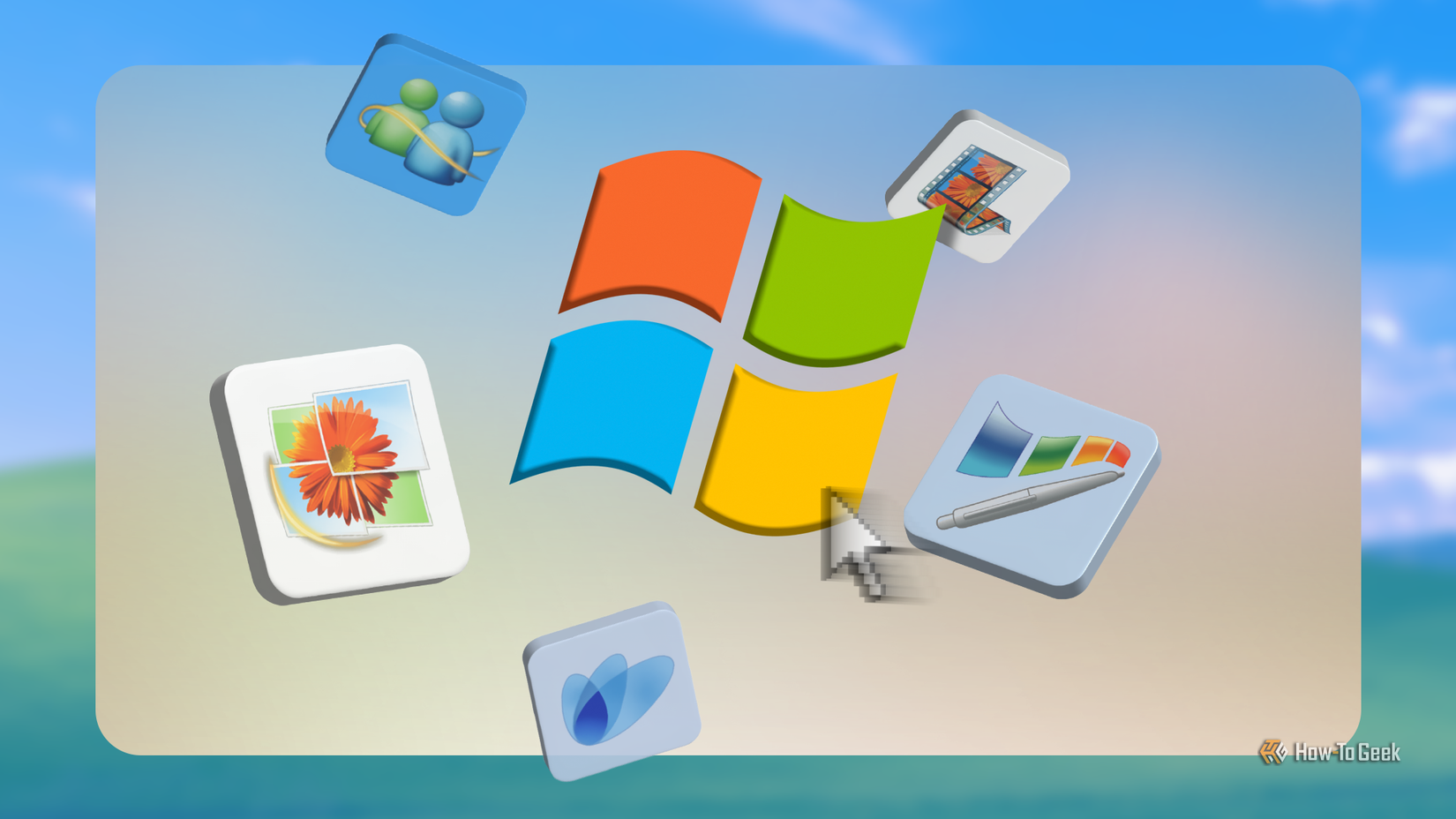 Windows logo surrounded by floating icons of classic Microsoft apps like MSN Messenger, Encarta, Movie Maker, and Photo Gallery on a soft Windows XP background.