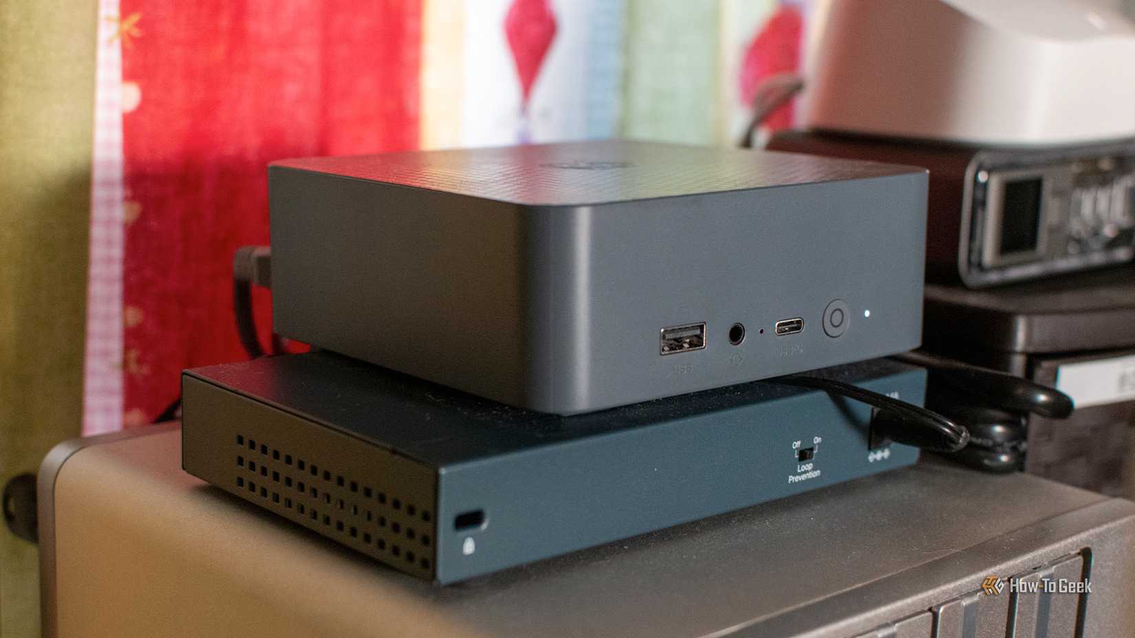 A Beelink mini PC on top of a Terramaster NAS.