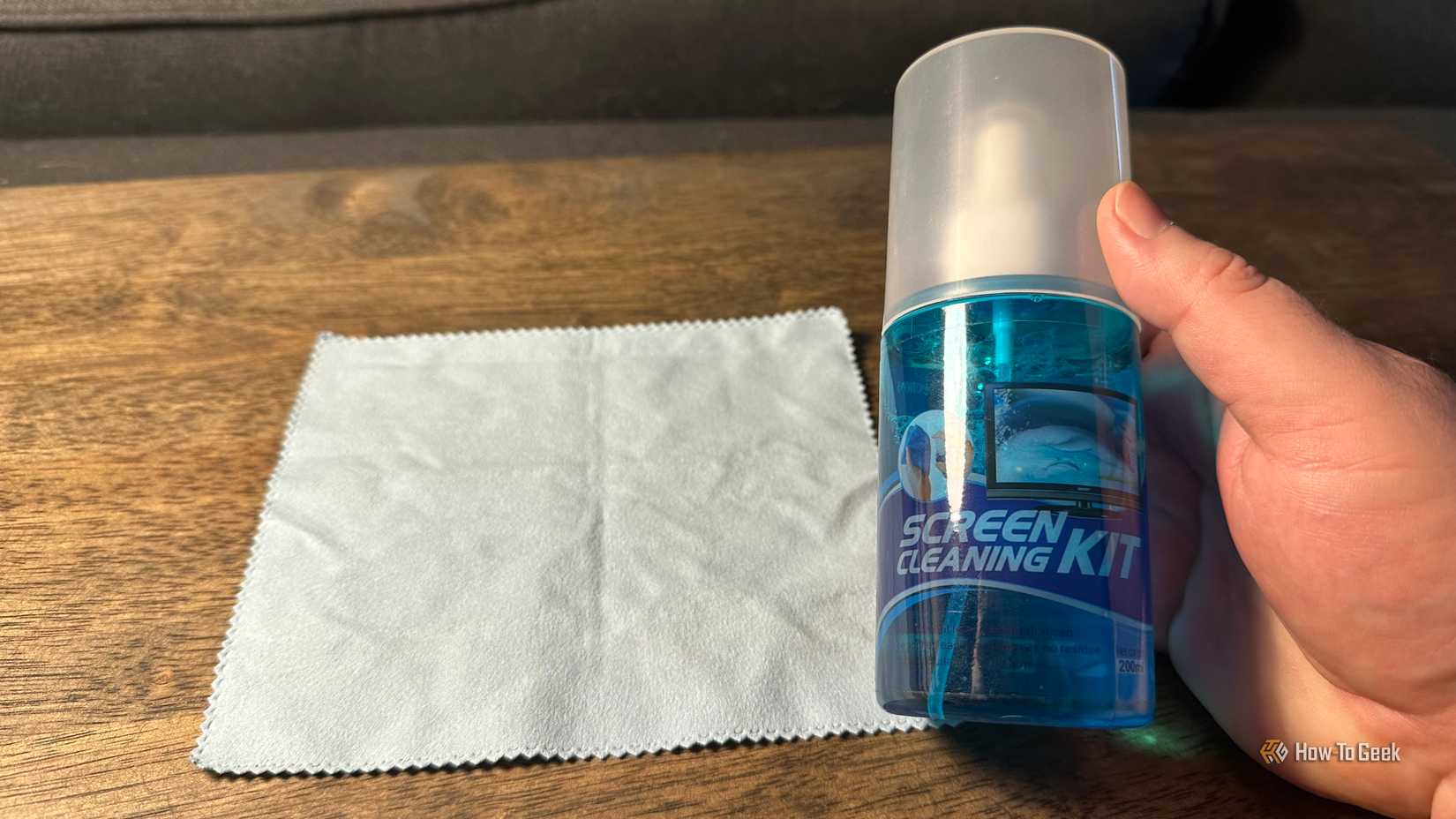 A bottle of screen cleaning solution.