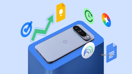A Google Pixel Phone On A Blue Platform Surrounded By Floating Producti…