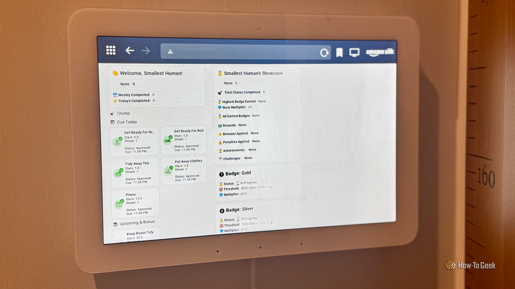A kids dashboard for the KidsChores integration in Home Assistant displayed on an Echo Hub.