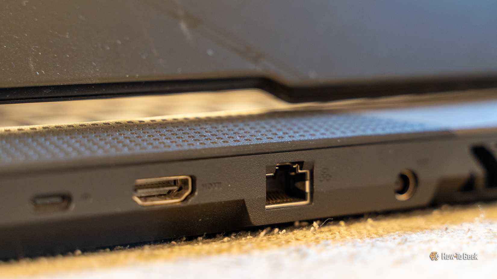 The Ethernet and HDMI port on the back of the ASUS ROG STRIX Scar 17 gaming laptop.