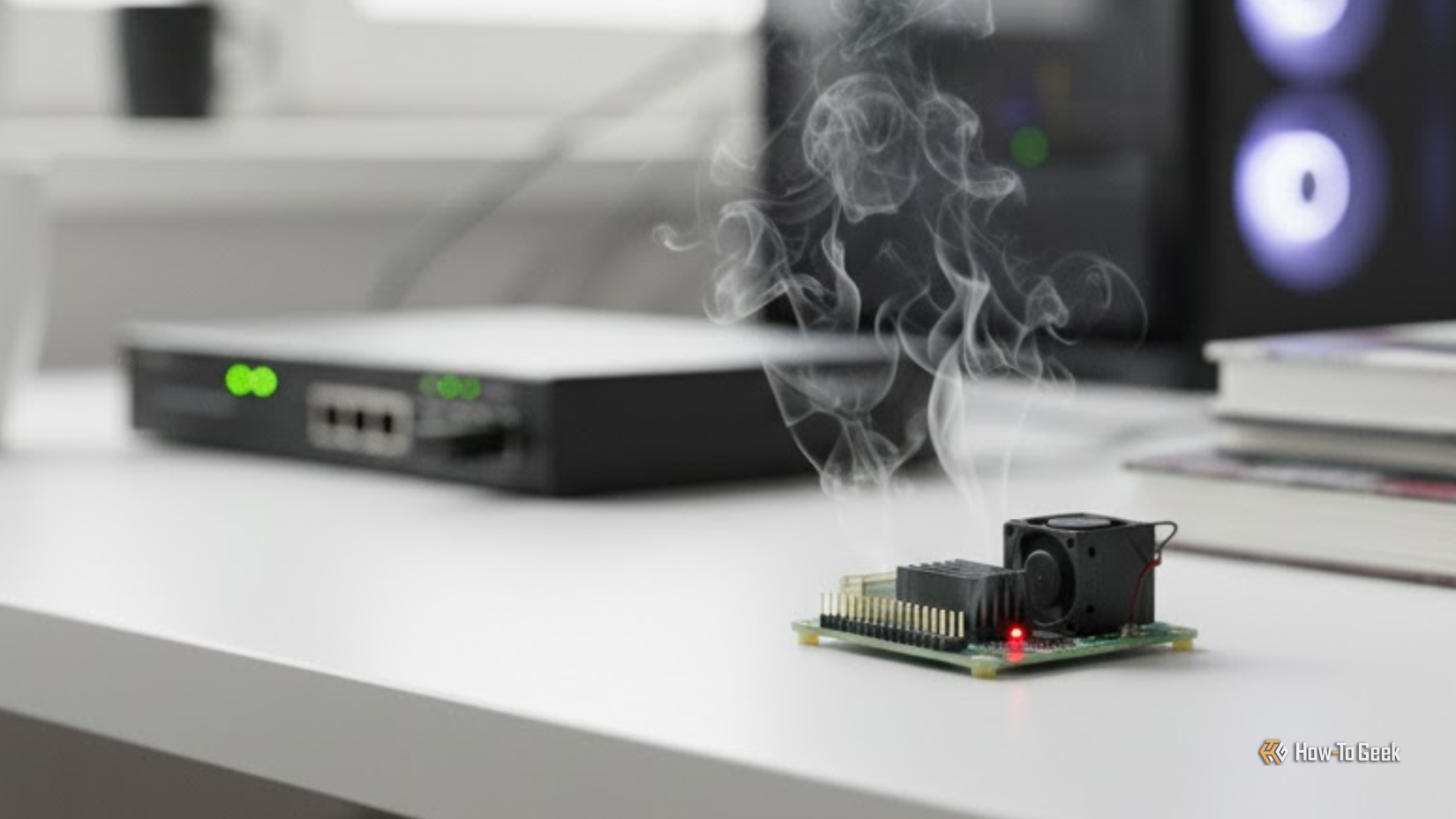 Um computador de placa única superaquecido, como um Raspberry Pi, sentado em uma mesa de computador com um desktop e um switch de rede em segundo plano.