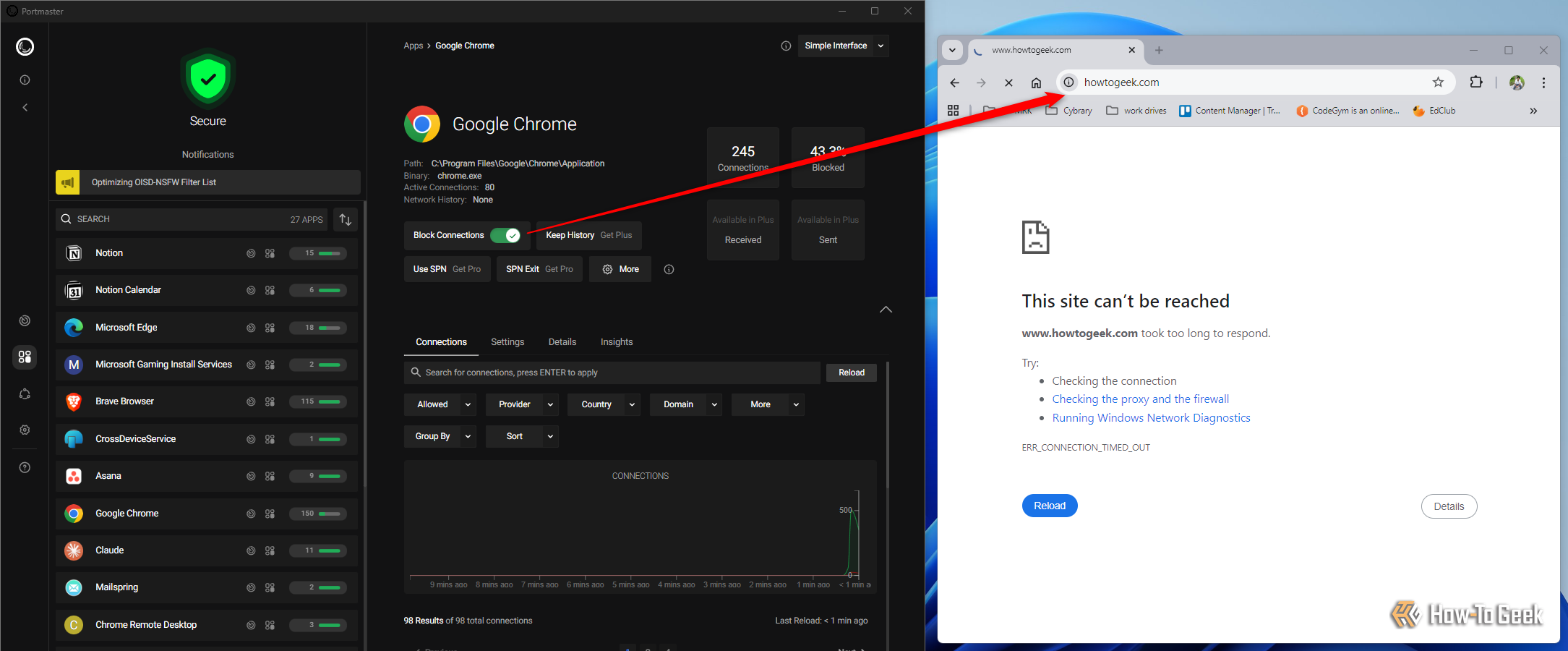 Blocking Google Chrome using Portmaster.