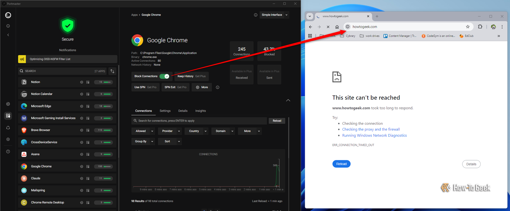 Blocking Google Chrome using Portmaster.