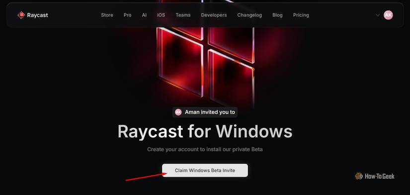 Claim Windows Beta Invite button on Raycast Website.