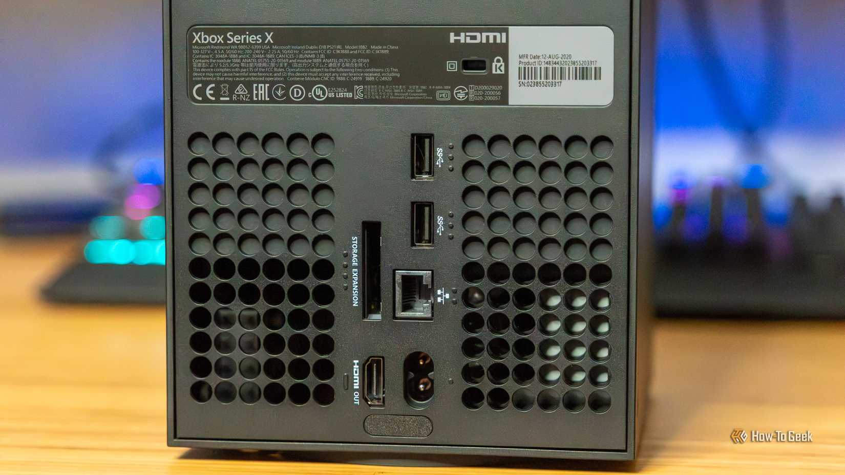 The ports on the back of the Xbox Series X game console.