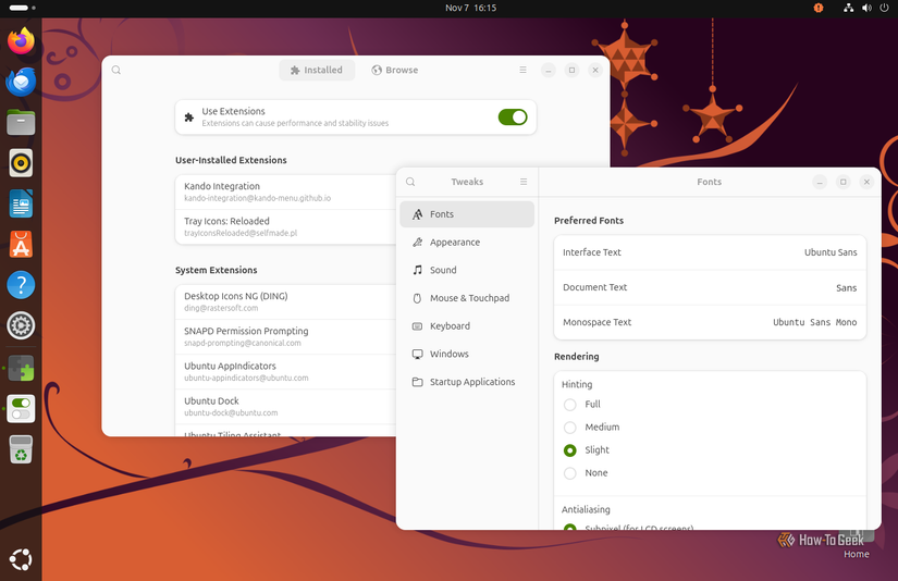GNOME Extension Manager and GNOME Tweaks open on Ubuntu 25.10.