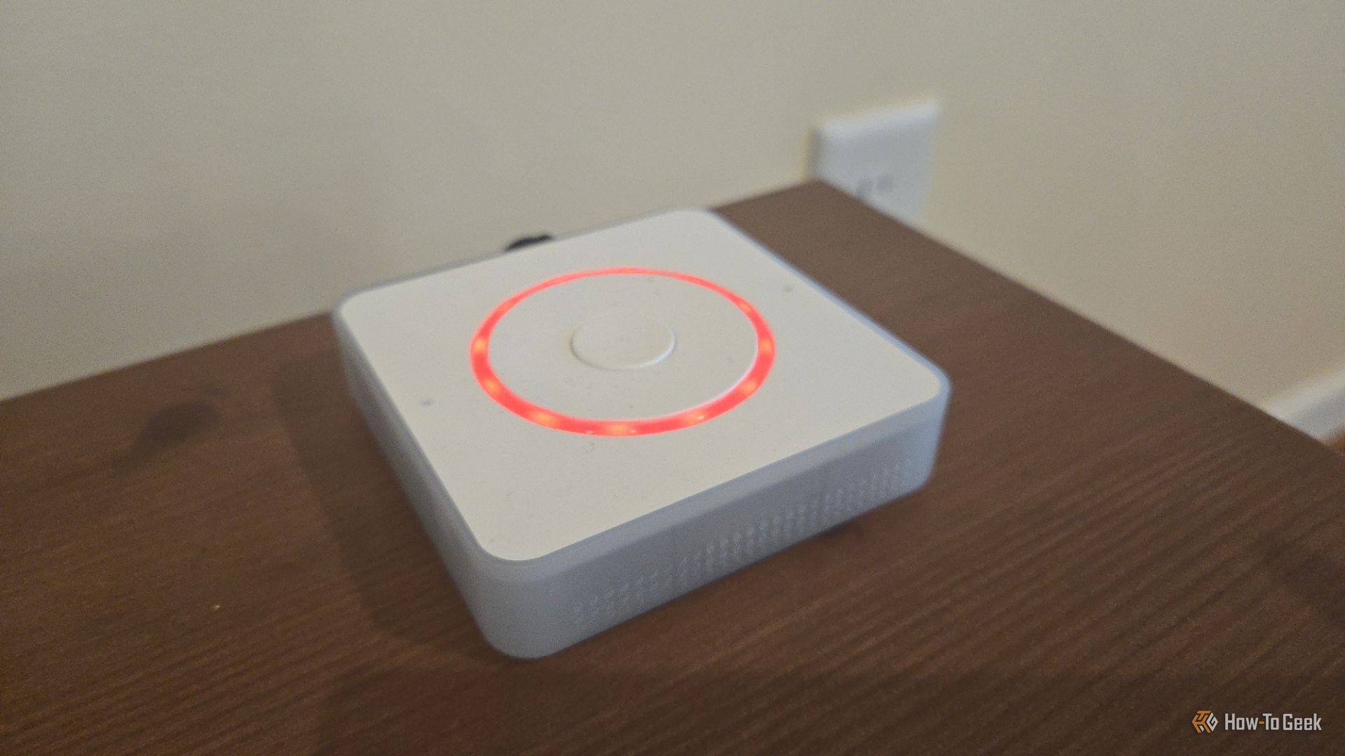 Home Assistant Voice Preview Edition with a red error light.