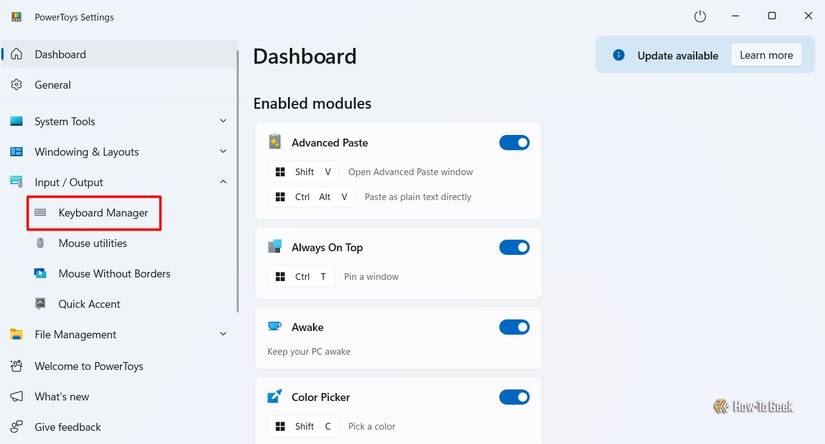 Opção Gerenciador de teclado no Microsoft PowerToys.