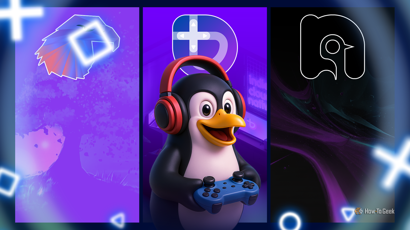 Linux mascot wearing headphones and holding a game controller, with three linux distros behind it.