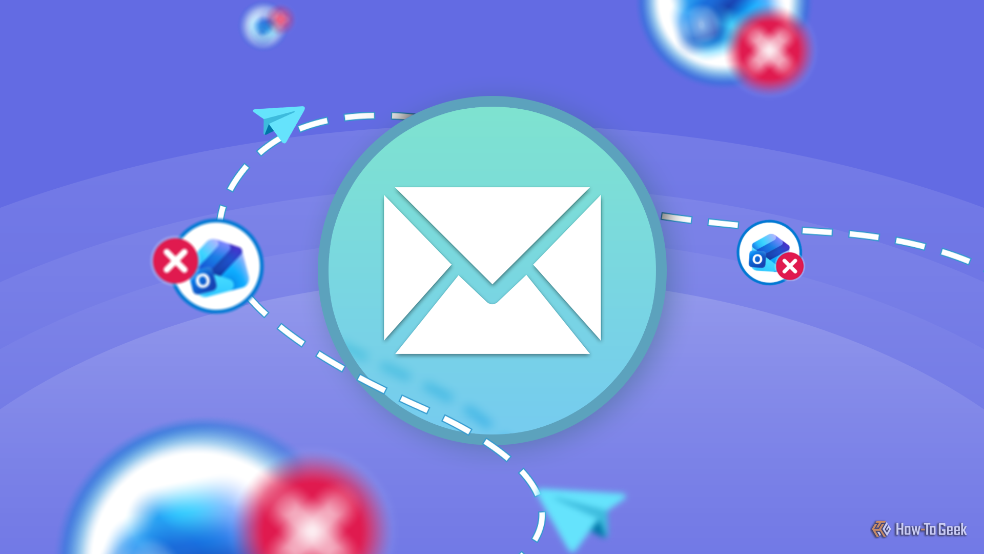 MailSpring icon centered on a purple gradient background, with dashed lines and small paper airplanes circling around it, with several Outlook icons with red 'X' symbols.