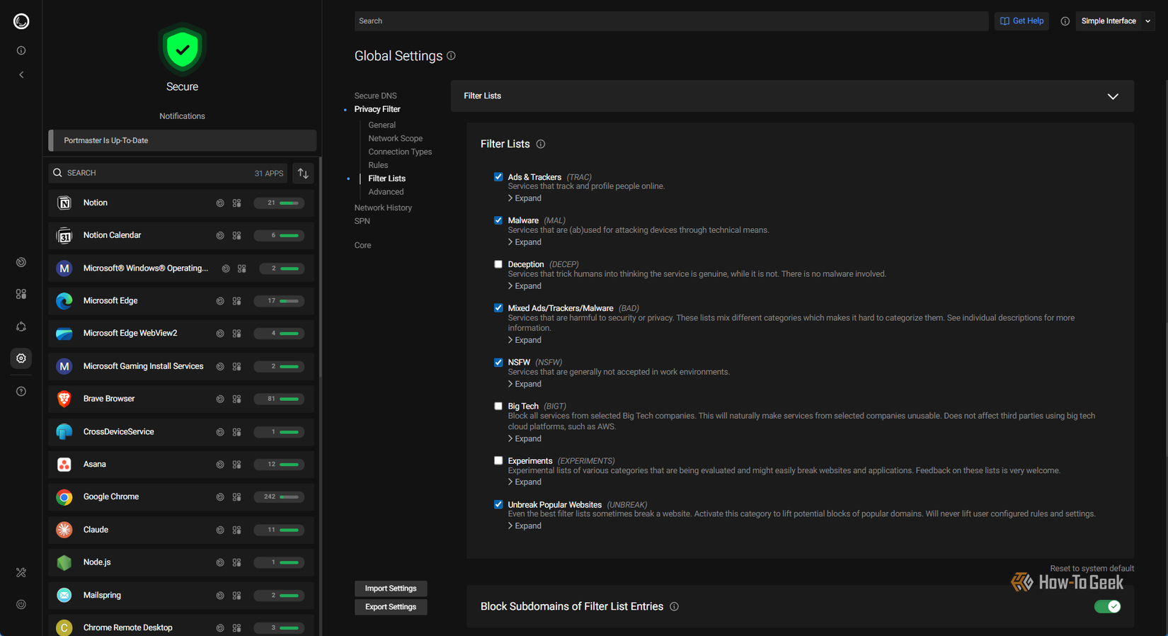 Portmaster filter list in Settings page.
