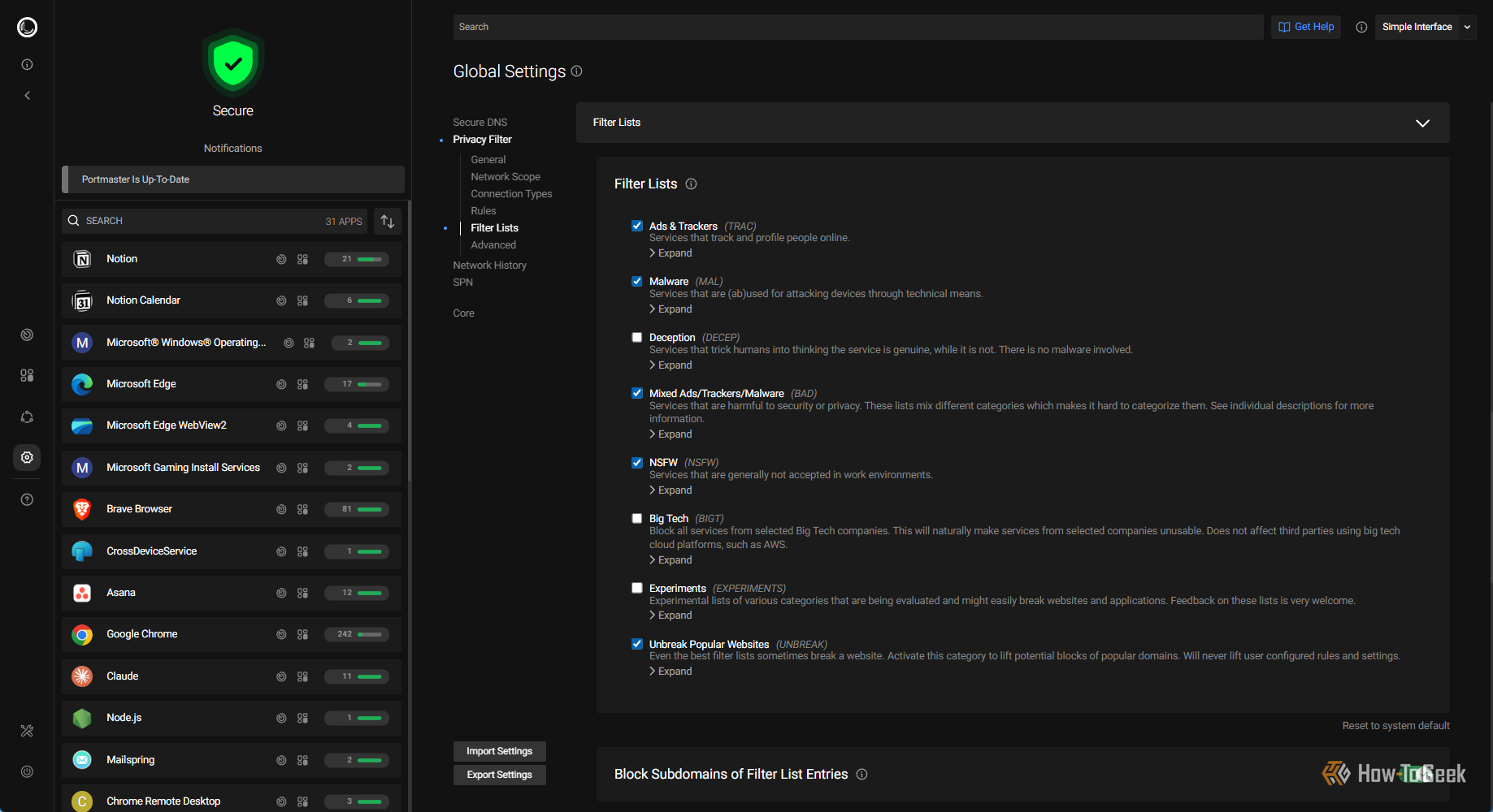 Portmaster filter list in Settings page.