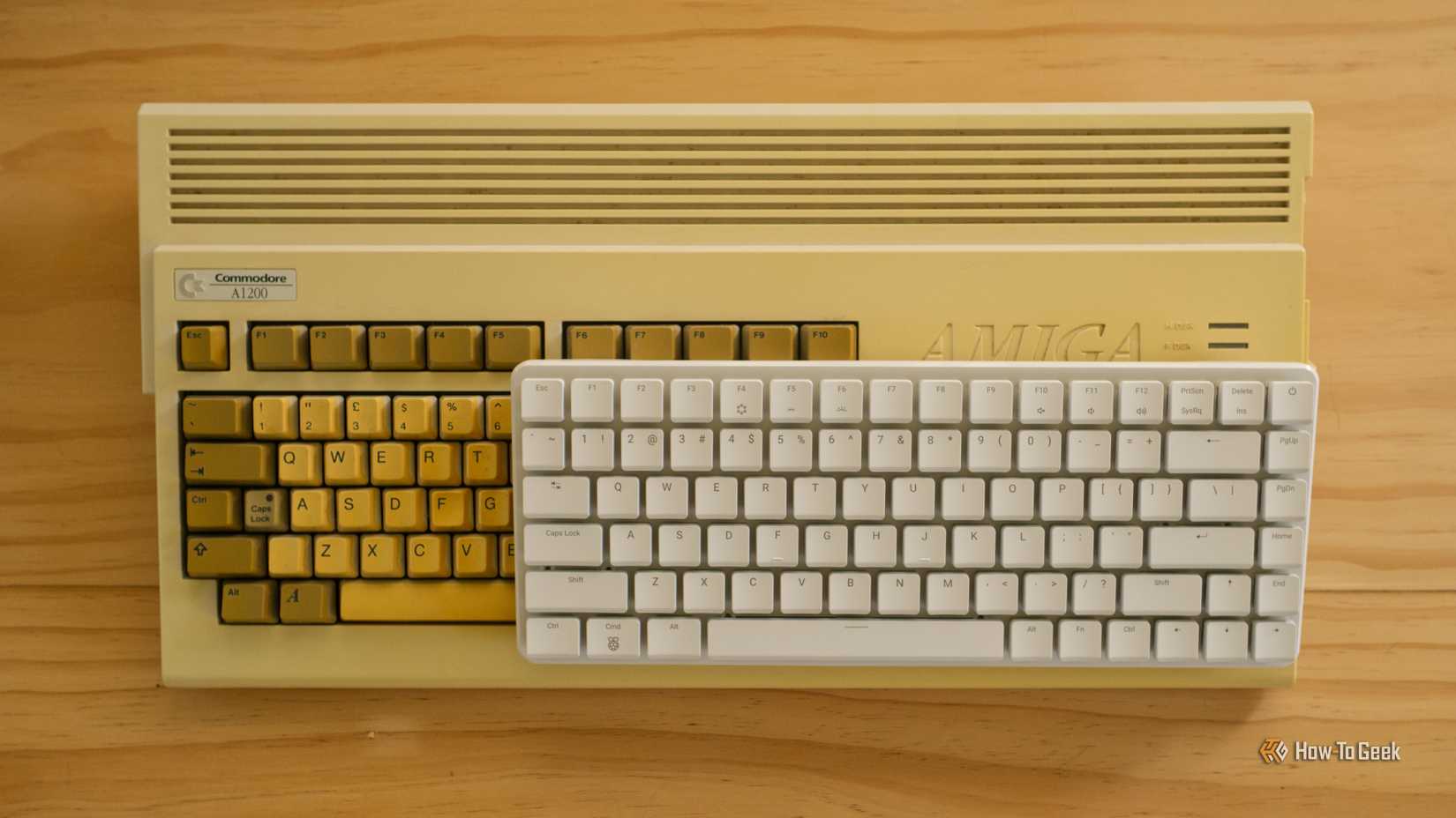 Raspberry Pi 500+ on top of an Amiga A1200.