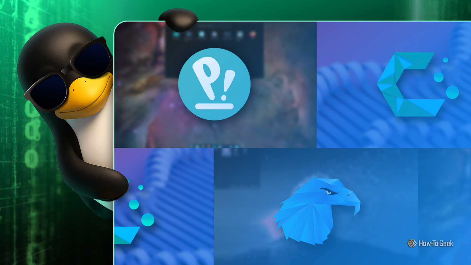 Tux, the Linux mascot, wearing sunglasses beside a screen showcasing different Linux distros.