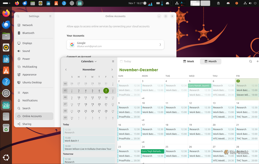 Ubuntu 25.10 connected with Google account and Google Calendar events in the GNOME Calendar.