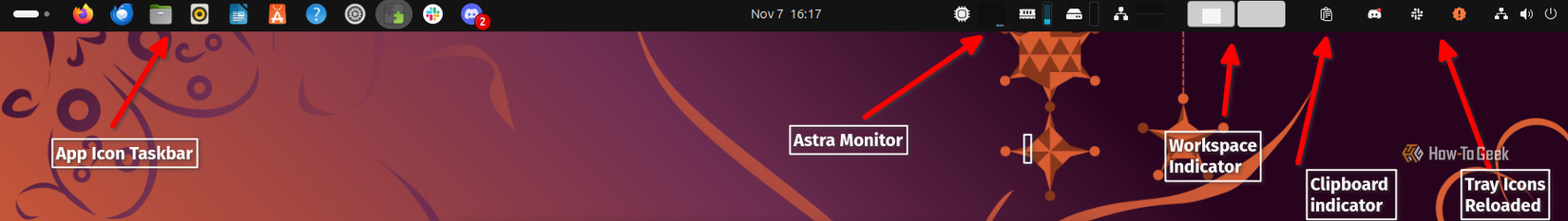 Ubuntu 25.10 top bar customized with different GNOME extensions.