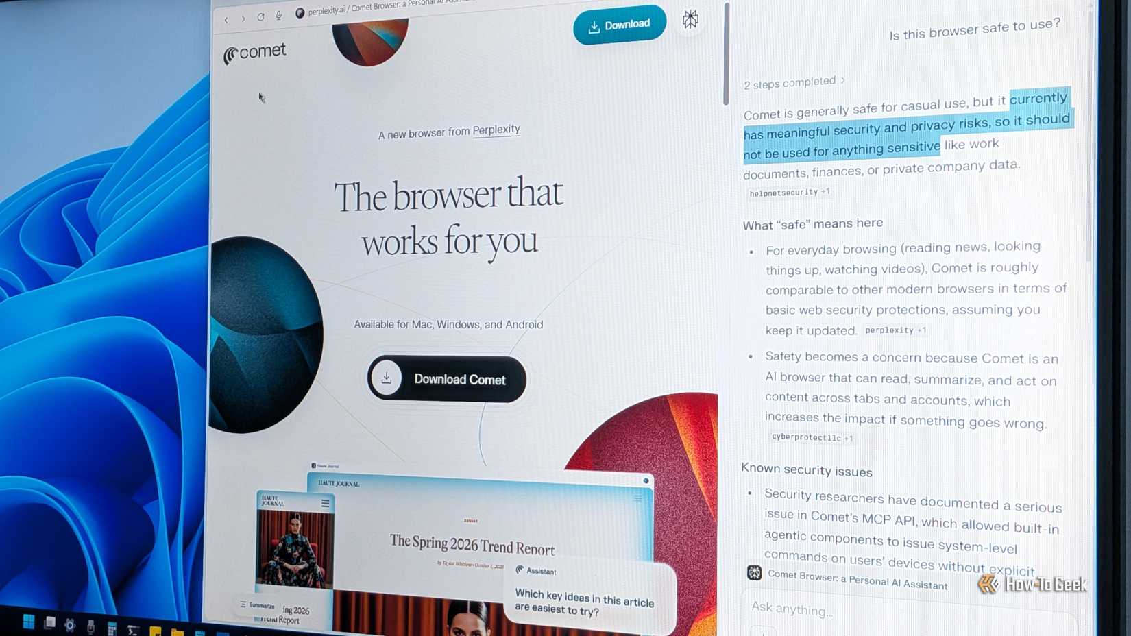 Comet Browser homepage opened with the Comet Browser and the assistant saying it has meaningful security and privacy risks.