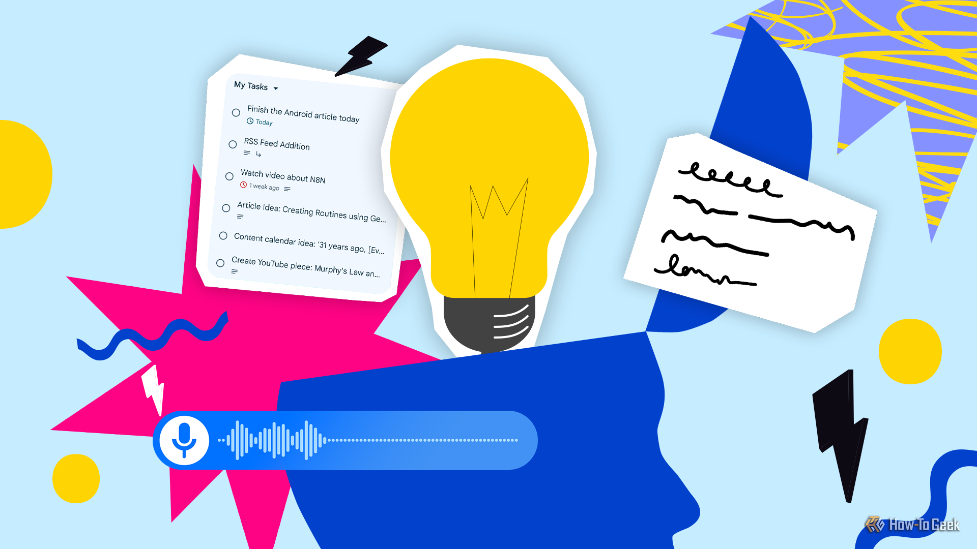 A colorful collage of a blue head silhouette surrounded by a yellow lightbulb, digital task list, handwritten note, and voice recording bar.