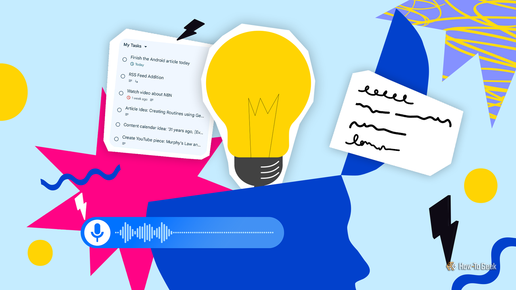 Colorful collage with a blue head silhouette surrounded by a yellow light bulb, digital task list, handwritten note and voice recording panel.