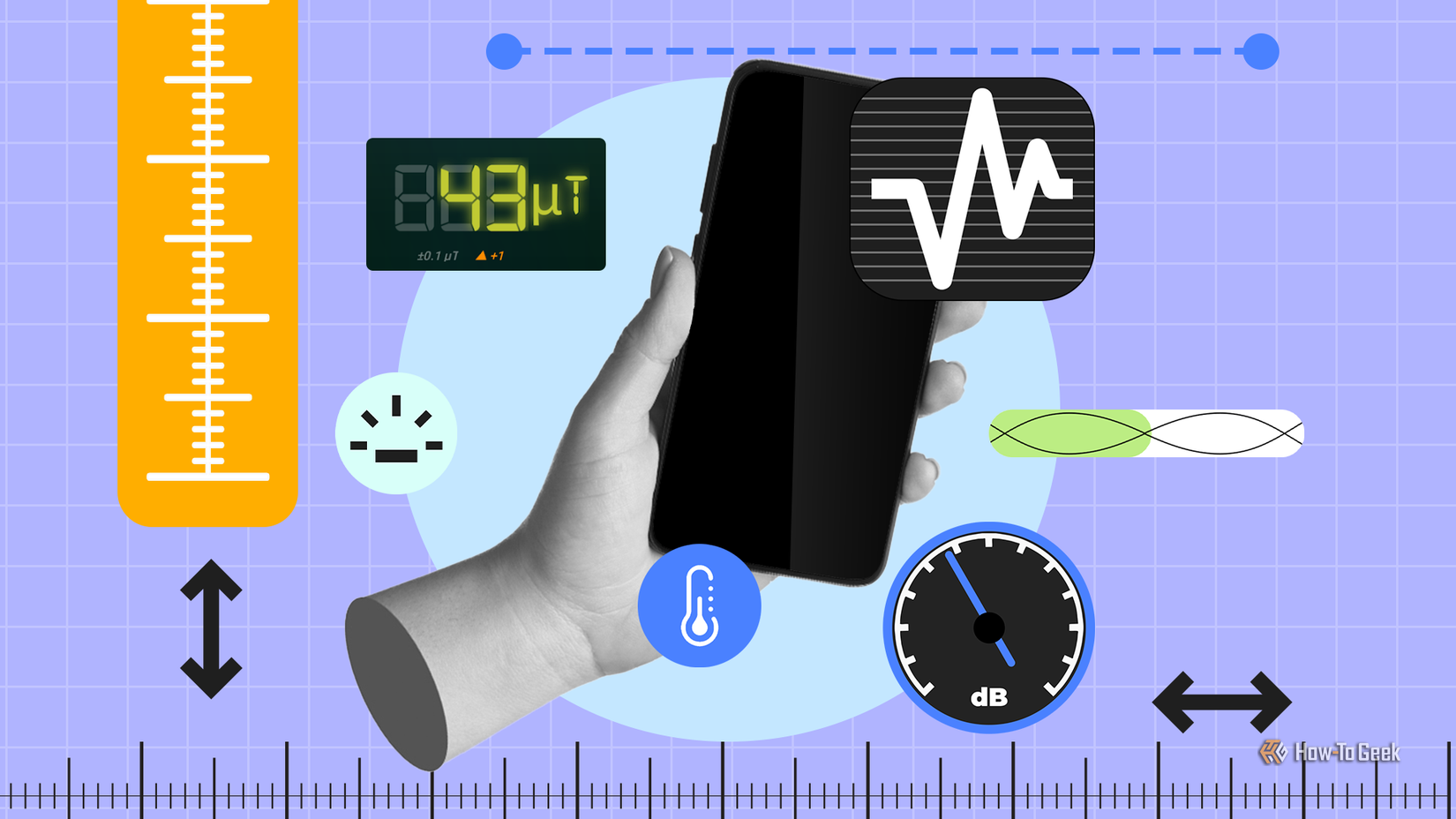 A hand holding a smartphone surrounded by icons and gauges representing different types of measurements, including light, temperature, magnetism, sound levels, and vibration.