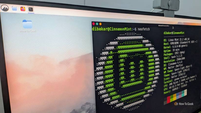 A Linux Mint desktop with a customized version of Cinnamon looking like macOS having the Linux terminal active showing farfetch.