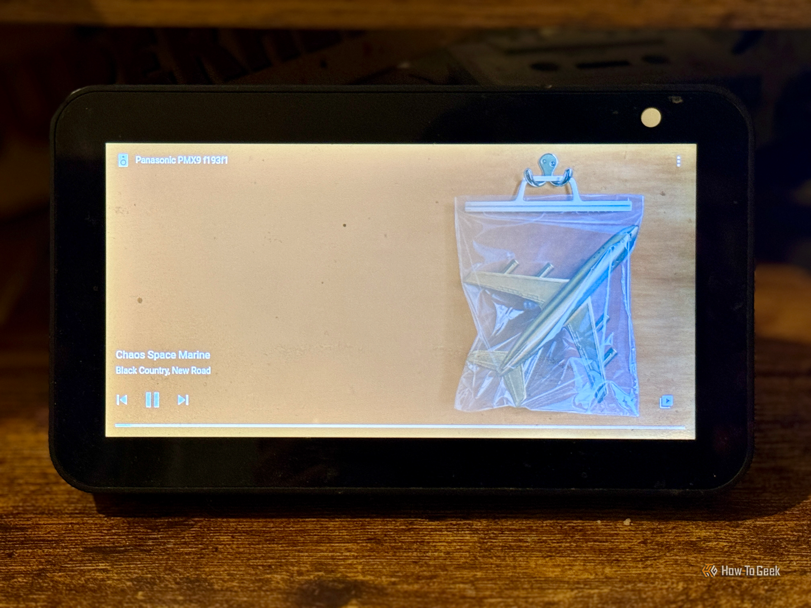 A Now Playing dashboard for Music Assitant displayed on an Echo Show 5.