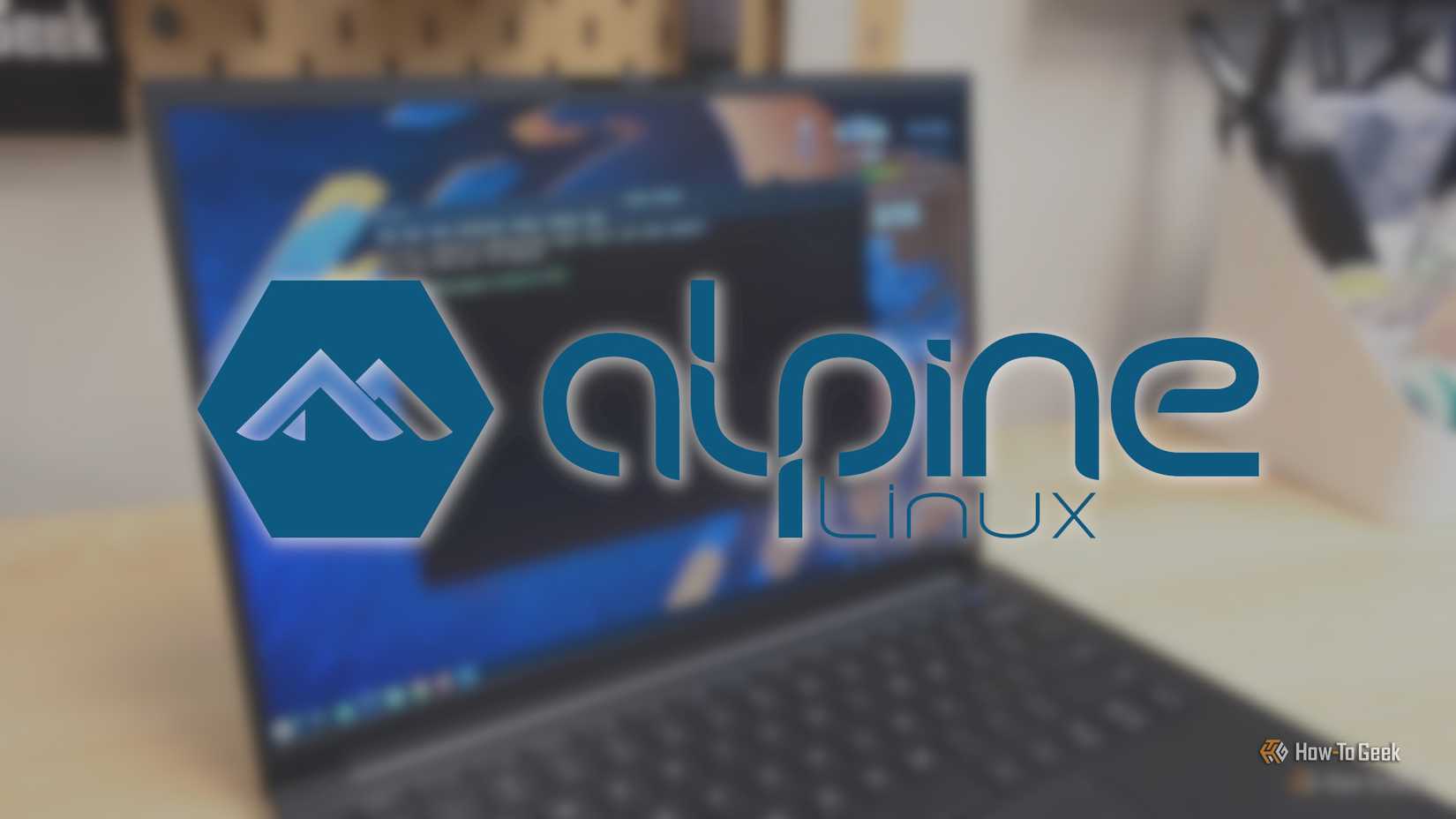 Alpine Linux logo over a laptop running a KDE desktop environment.