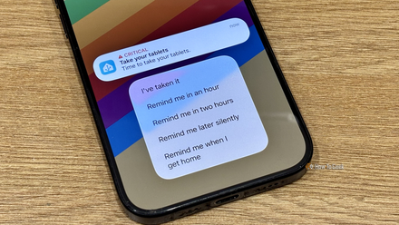 An actionable notification from Home Assistant for a medication reminder on an iPhone.