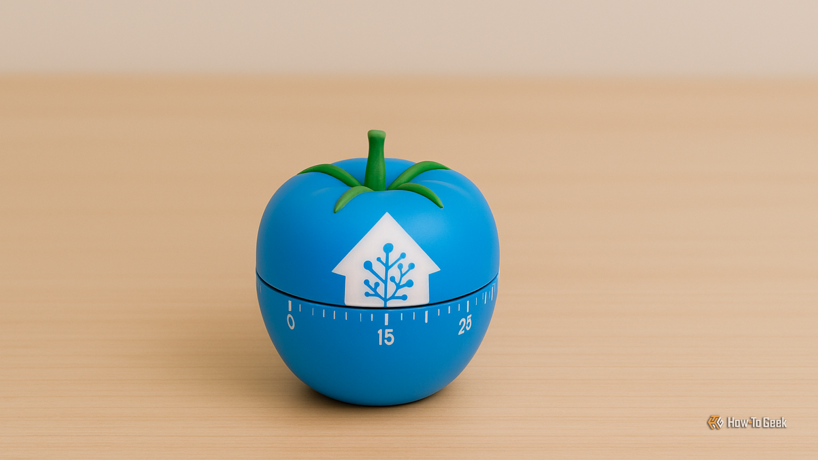 An AI-generated image of a light blue Pomodoro tomato kitchen timer with the Home Assistant logo on it.