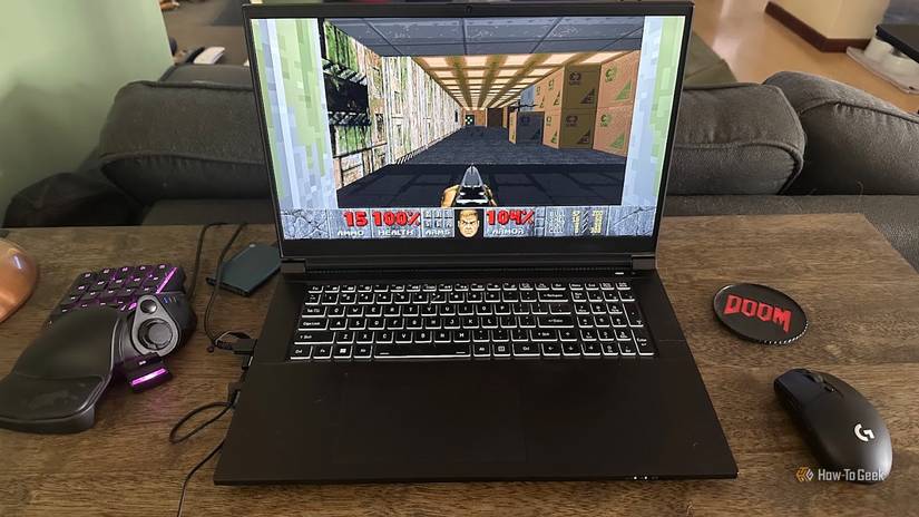 Gaming laptop with one-handed keyboard to play DOOM.
