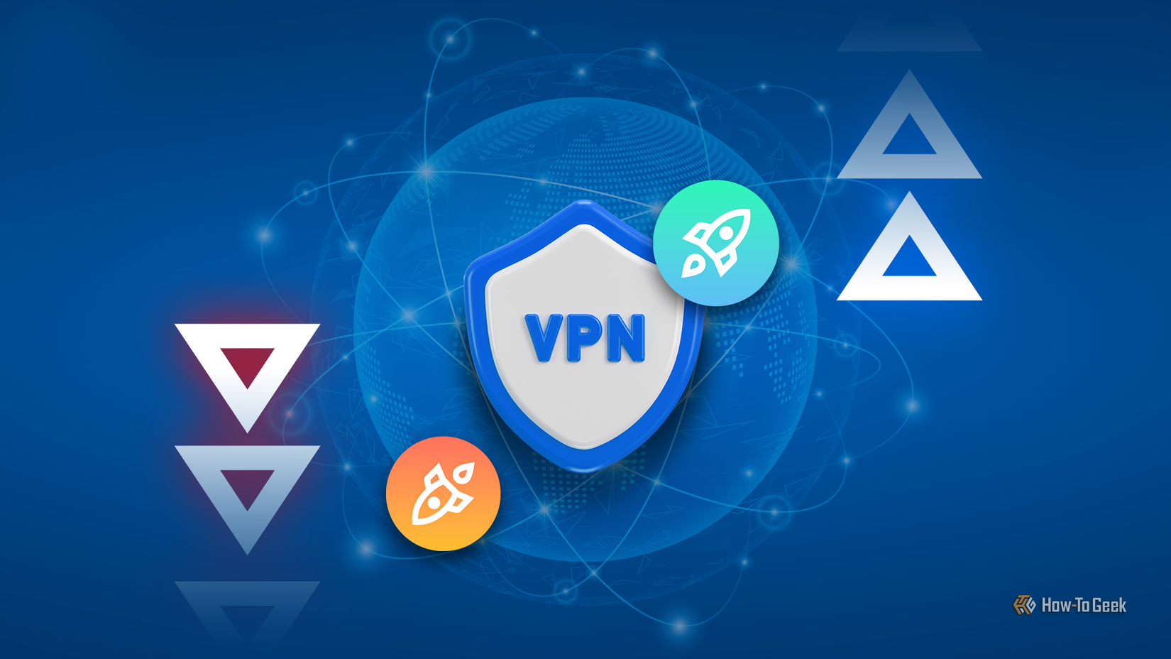 Illustration d'une icône de bouclier VPN devant un globe numérique lumineux, avec des symboles de fusée représentant la vitesse et la connectivité Internet sur fond bleu.