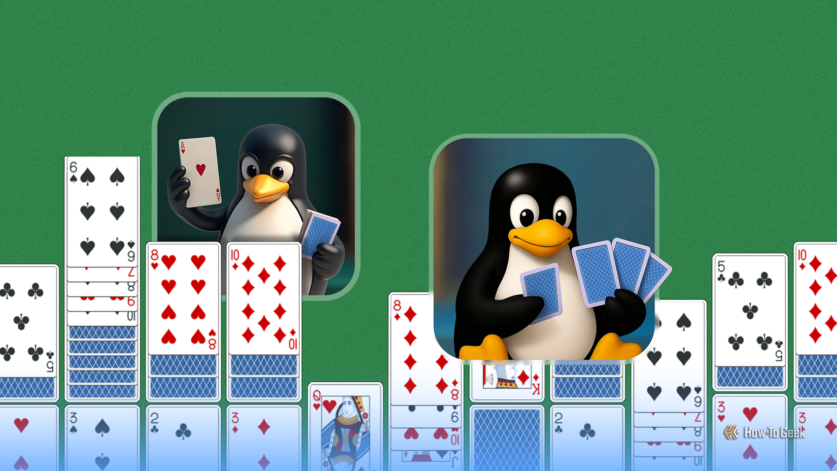 Ilustração das cartas de baralho do mascote do Linux com várias cartas espalhadas por um fundo de mesa verde.