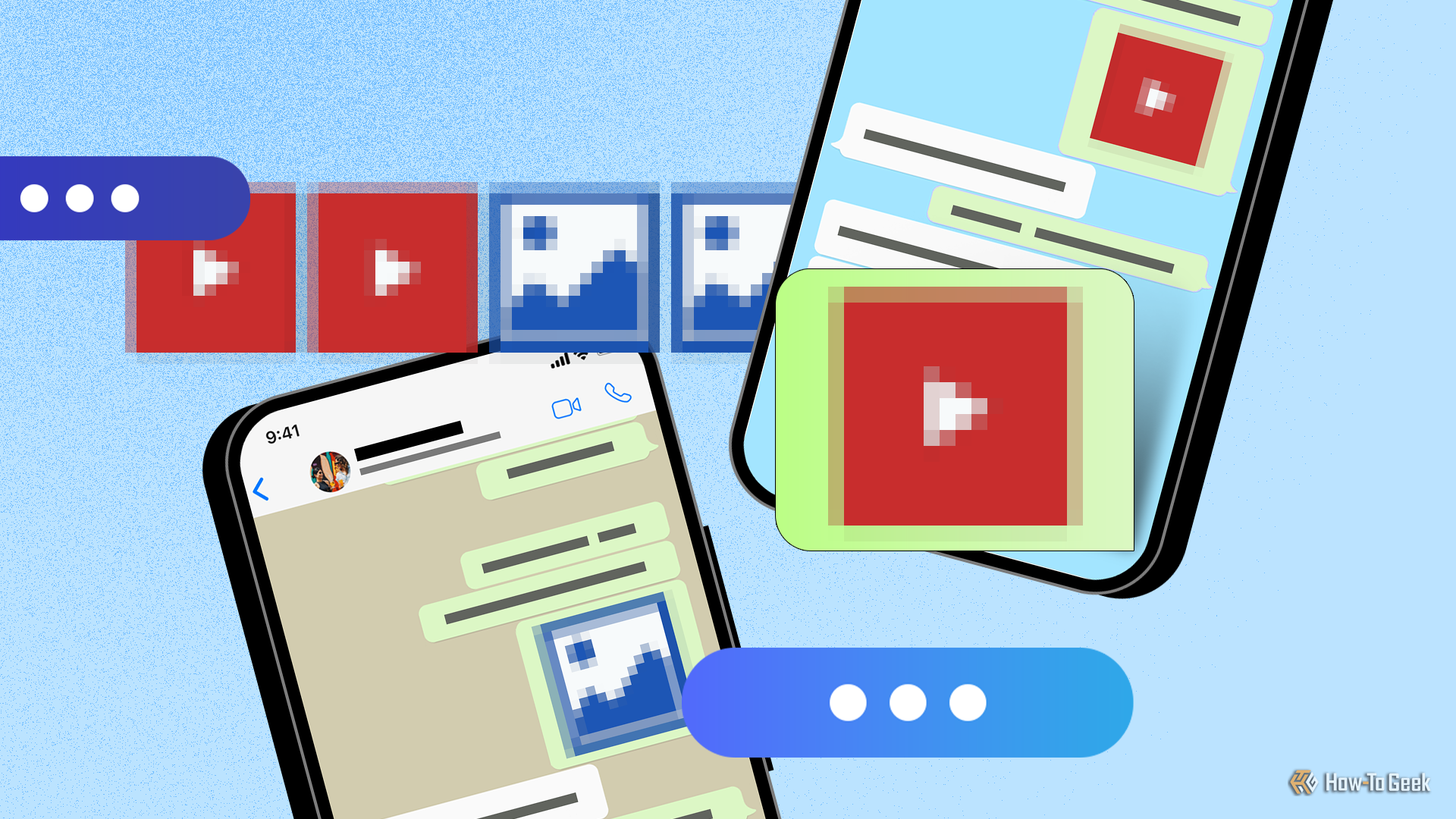 Illustration of two smartphones displaying chat interfaces, surrounded by floating, pixelated icons representing low-quality photos and videos.