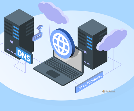 Isometric illustration of a self-hosting setup, with a laptop connected to black server towers, a router, a blue globe, a label with 'DNS' and a domain address.