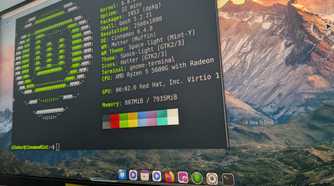 Linux Mint desktop with a customized version of Cinnamon looking like macOS having the Linux terminal active showing neofetch.