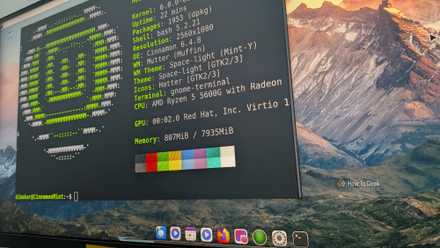 Linux Mint desktop with a customized version of Cinnamon looking like macOS having the Linux terminal active showing neofetch.