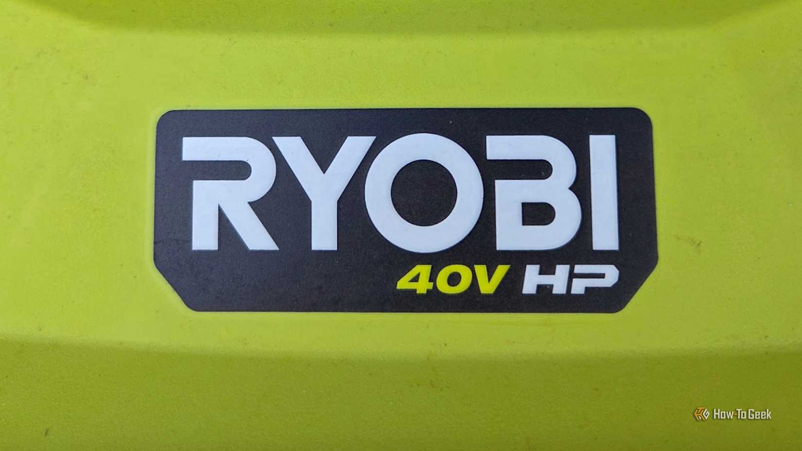 Ryobi 40V logo on a lawn mower. 