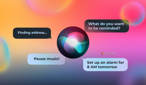 Siri logo surrounded by speech bubbles displaying commands like setting alarms and music control.
