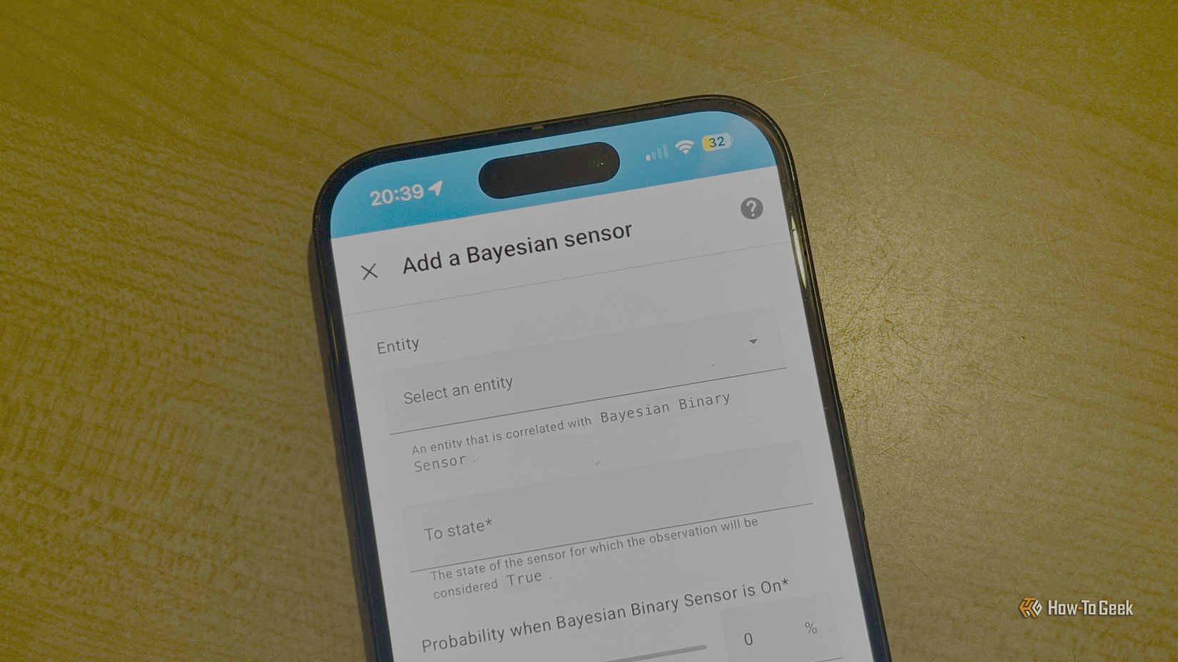 The Add a Bayesian sensor screen of Home Assistant on an iPhone.