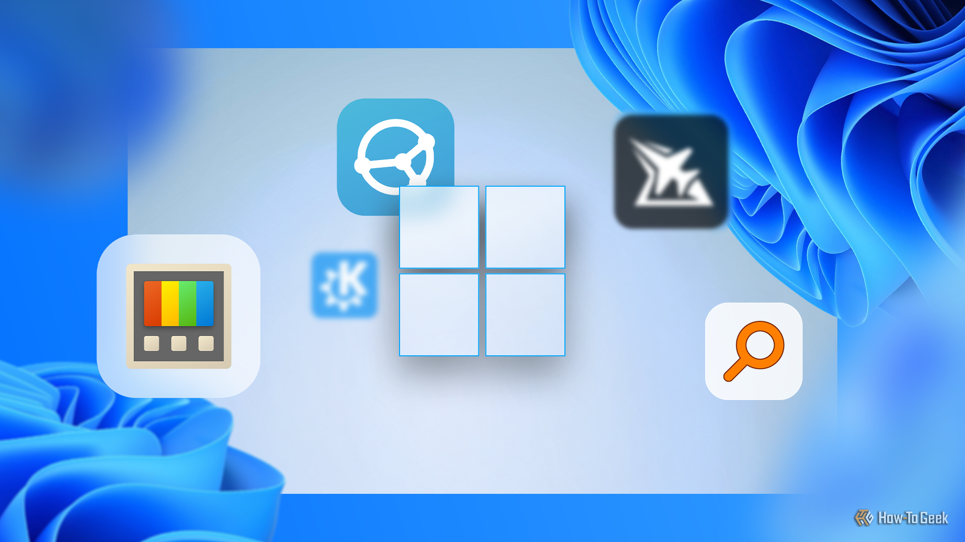 Windows 11 logo centered on a blue background, surrounded by icons from PowerToys, Syncthing, Everything Search, KDE Connect, and MSI Afterburner.