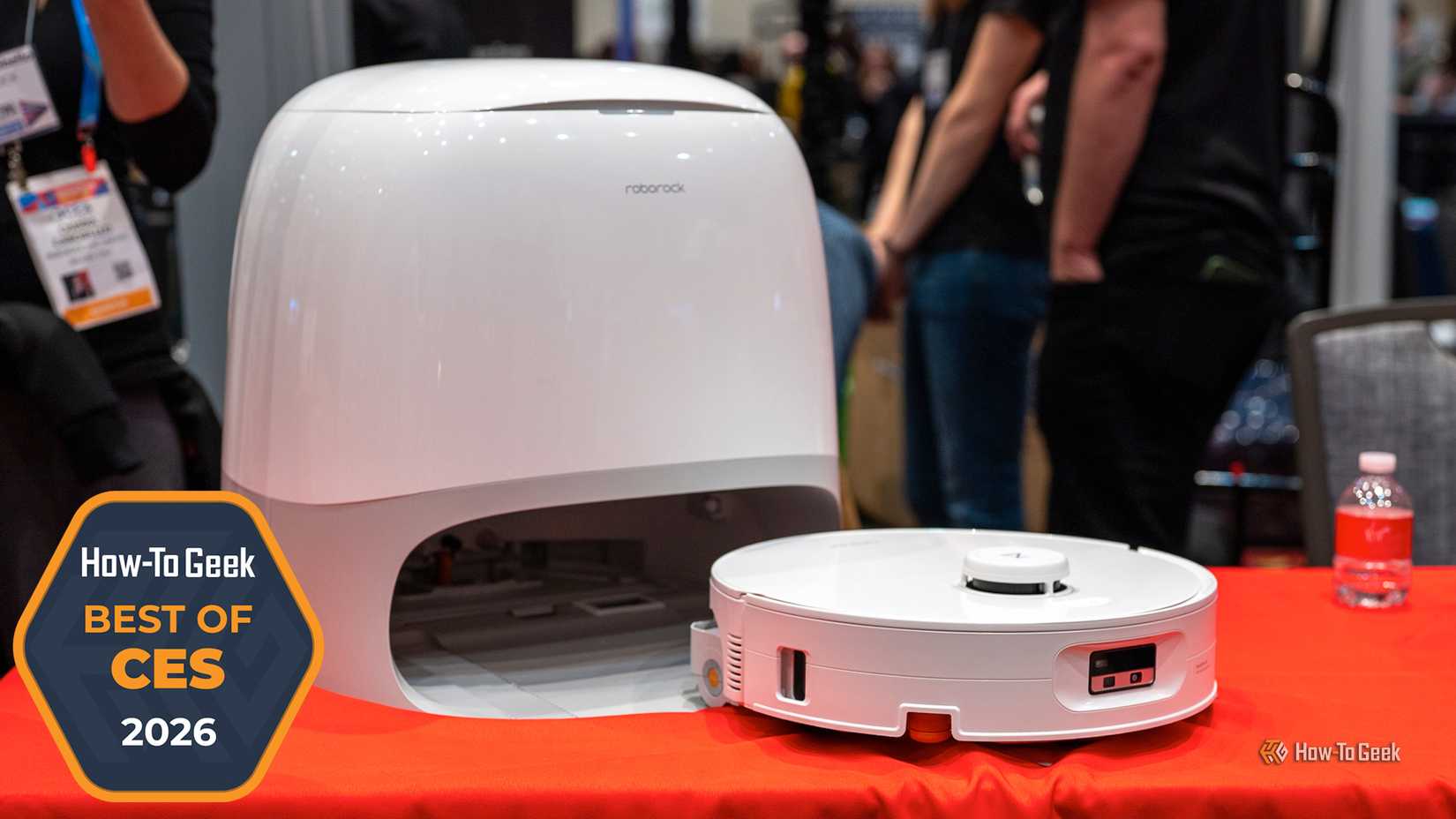 Roborock Qrevo Curv 2 Flow robot vacuum on display at CES 2026.