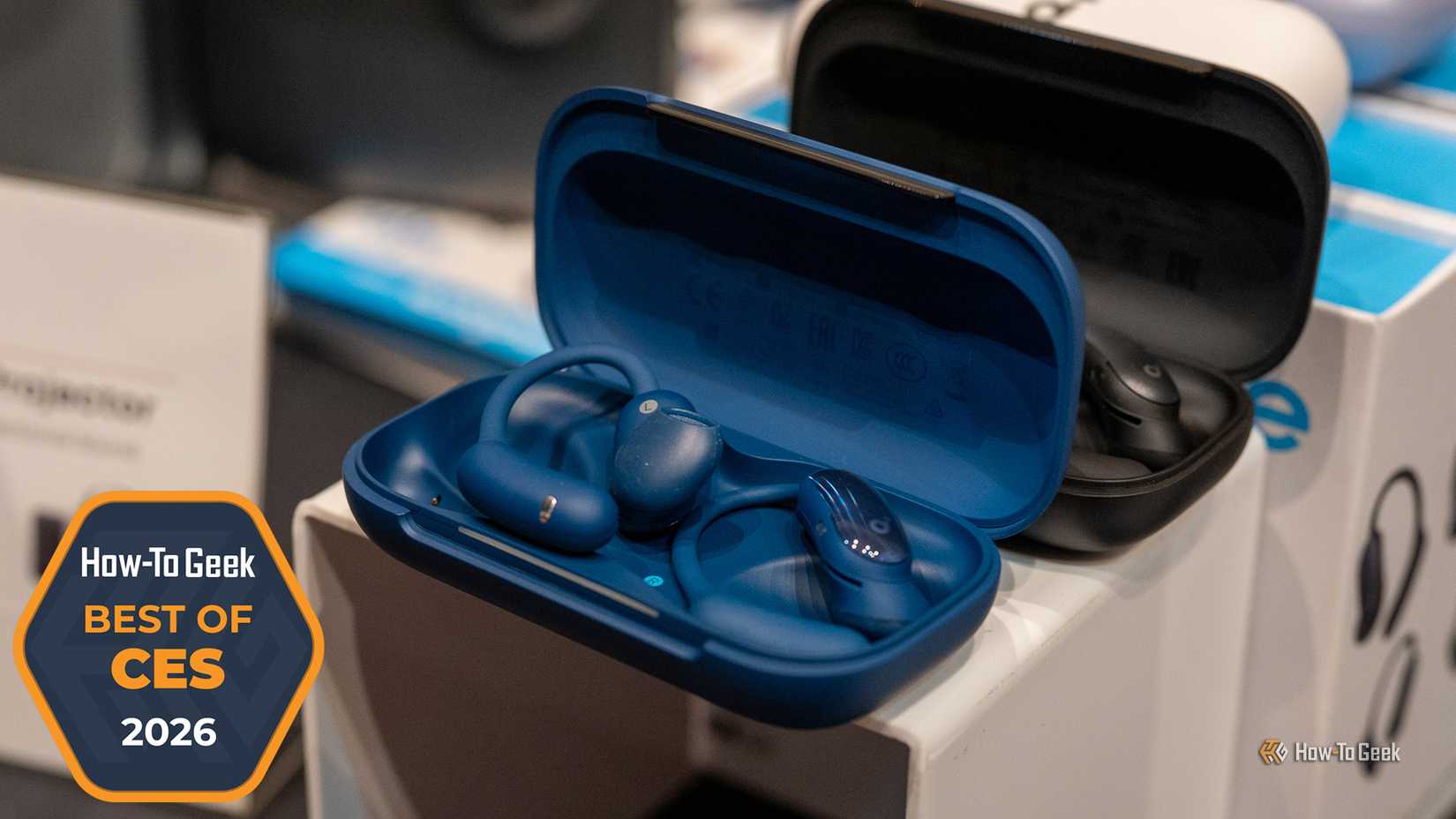 Soundcore Aerofit 2 Pro earbuds on display at CES 2026.