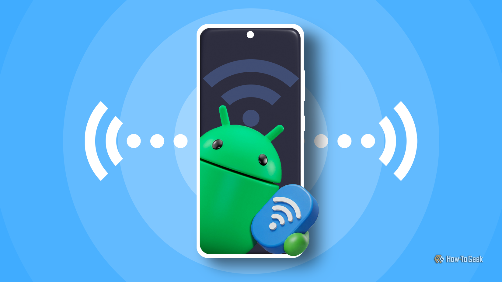 スマートフォンの画面から出てくる 3D の Android マスコット。青い背景に白い信号波が放射され、Wi-Fi アイコンが表示されます。
