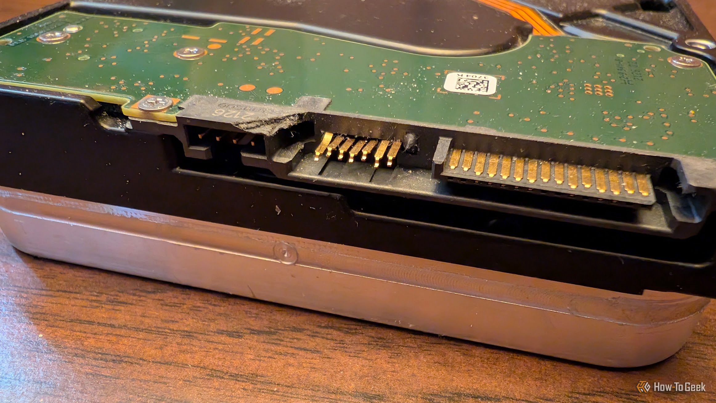 A mechanical hard drive with a busted SATA port.